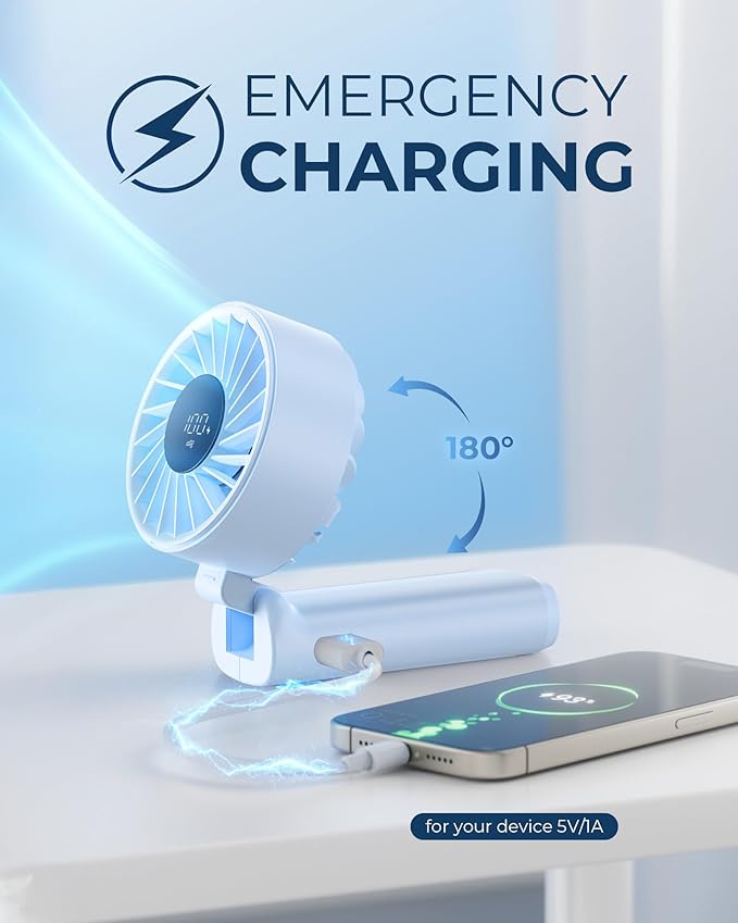 Portable Fan, 4000mAh Rechargeable, 180° Foldable Mini Desk Fan with 6 Wind Speed, LCD Digital Display, Lanyard as Neck Fan, Ultra Quiet, Pocket Size for Indoor Outdoor