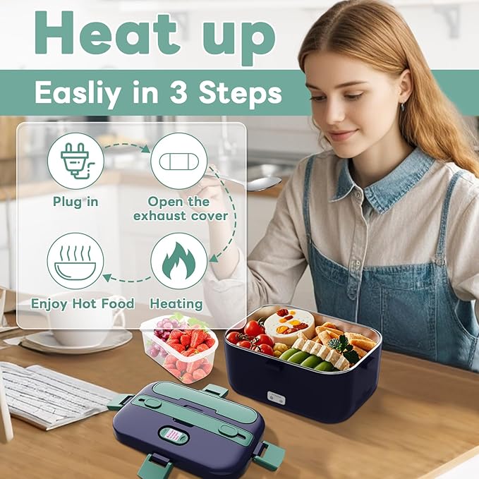 DUPASU Electric Lunch Box Food Warmer: 100W Heated Lunch Box for Adults, 1.8L Portable Fast Heating Lunchbox Food Heater for Car, Truck, Work, Travel, Lonchera Elctrica Porttil 12/24V/110-230V
