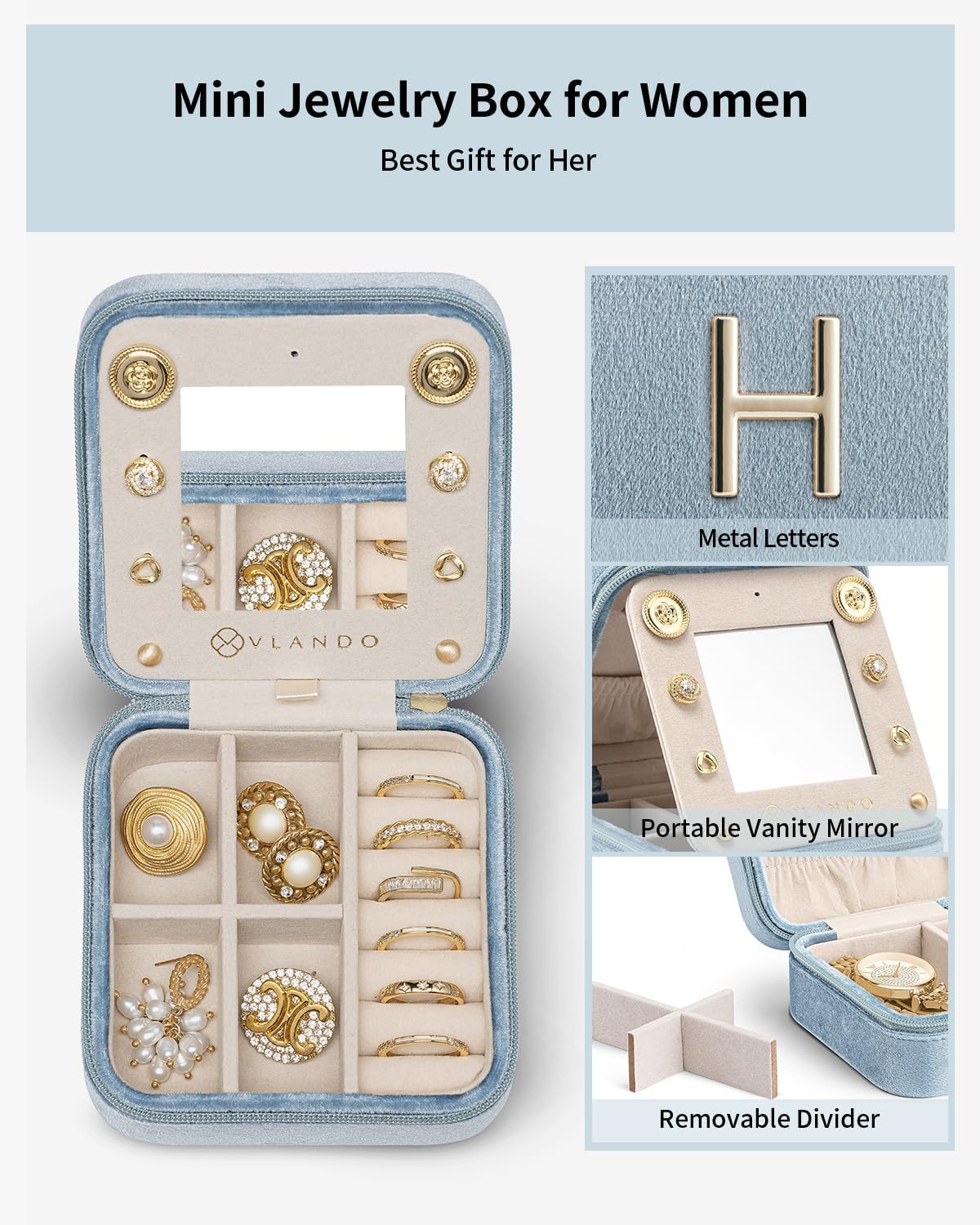 Vlando Jewelry Case for Girls Womens Fashion, Pink Jewelry Box Travel Must Haves, Jewelry Box for Girls, Small Travel Jewelry Case Birthday Gifts for Travel Gifts for Women - Letter H, Blue