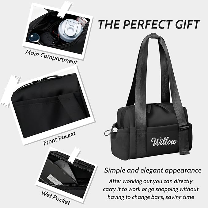 Personalized Mini Gym Bag for Women, Custom Embroidered Name Yoga Tote, Waterproof PU Fitness Duffle with Wet Compartment (black duffle bag)