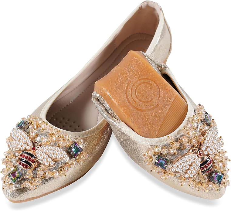 Women Ballet Flats Sparkly Rhinestone Wedding Ballerina Shoes Pointed Toe Foldable Comfort Slip on Flat Dress Shoes