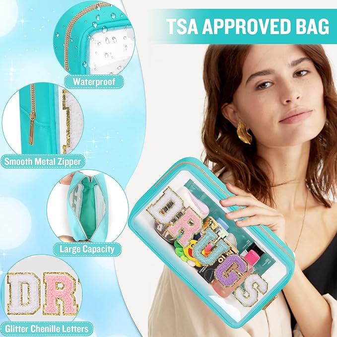 Chenille Letter Clear Makeup Bags Drugs Pouch, Preppy Patch Makeup Bag with Zipper, Transparent PVC & Nylon Waterproof Portable Glitter Cosmetic Bag Travel Toiletry Storage for Women Girl(DRUGS-Green)