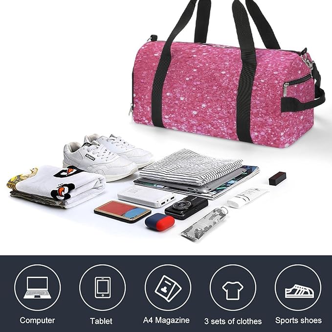 Sparkling Pink Glitter Gym Bag Lightweight ，Travel Duffle Bag with Shoe Compartment，Gym Bag for Women for Overnight, Weekend, Yoga, Gym, Business Trips, Sport And Hospital.