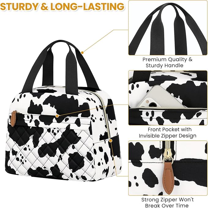 Insulated Lunch Bag for Women, Portable Lightweight Lunch Box for Adults, Reusable Small Lunch Tote Cooler Bags with Front Zipper Pocket for Work School Picnic(Cow)
