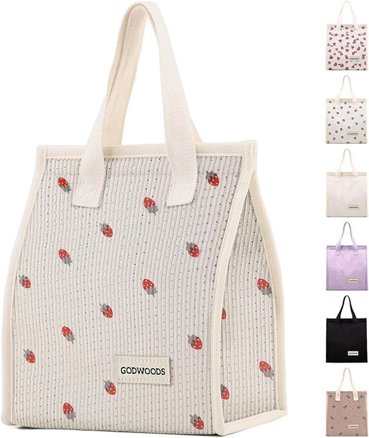 TELLUMO Corduroy Lunch Bag for Women Men Cute Lunch Bag Insulated Lunch Box with Large Capacity (7.5L) Reusable Lunchbag for Work, Picnic, Beach or Travel (S- Corduroy Strawberry)