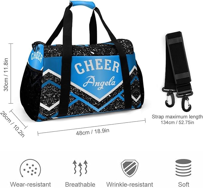 Custom Blue Black White Cheer Cheerleaders Duffel Bag with Name Adjustable Shoulder Strap Casual Bag for Teens Adults Handheld Crossbody Travel Bag