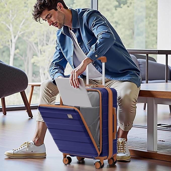 imiomo Carry on Luggage Airline Approved with Front Pocket and USB Port, Hard Shell 20 Inch Travel Carry-on Suitcase with Spinner Wheels and TSA Lock, Navy