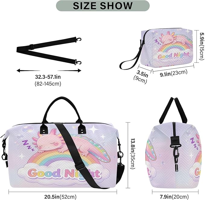 Travel Duffle Bag, Good Night Axolotl Rainbow Gym Bag with Storage Bag Weekender Overnight Bag for Men Women Trip Sports Yoga
