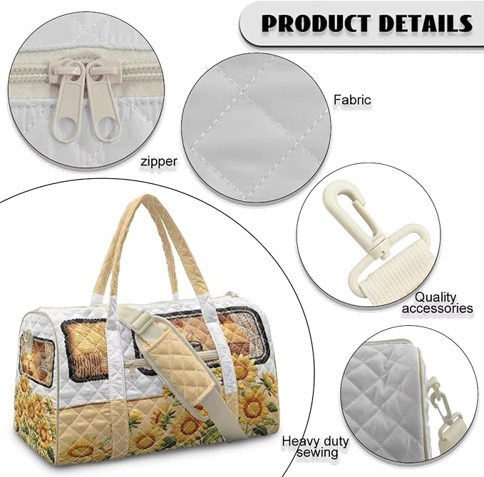 COEQINE Beige Sunflower Camper Van Duffle Bag for Women Travel Quilted Tote Bag Large Car Themed Carry on Luggage Duffle Bag with Toiletry Bag Weekender Overnight for Workout