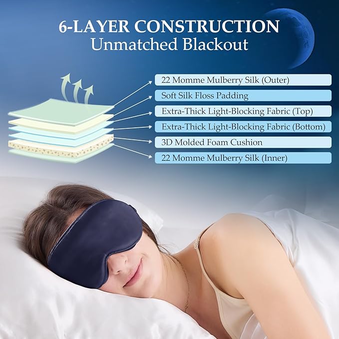 100% 22 Momme Mulberry Silk Sleep Mask with Adjustable Strap, 3D Contoured Cup Silk Eye Mask for Sleeping, Total Black Out, Navy Bule
