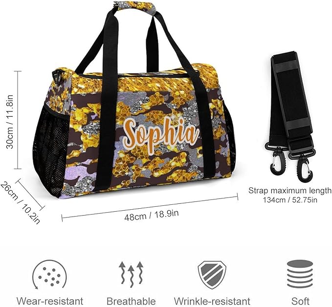 Golden Yellow Camo Sequin Print Luggage Bag Waterproof Duffel Bag Adjustable Shoulder Strap Perform Training Travel Bag for Teens Adults Backpack