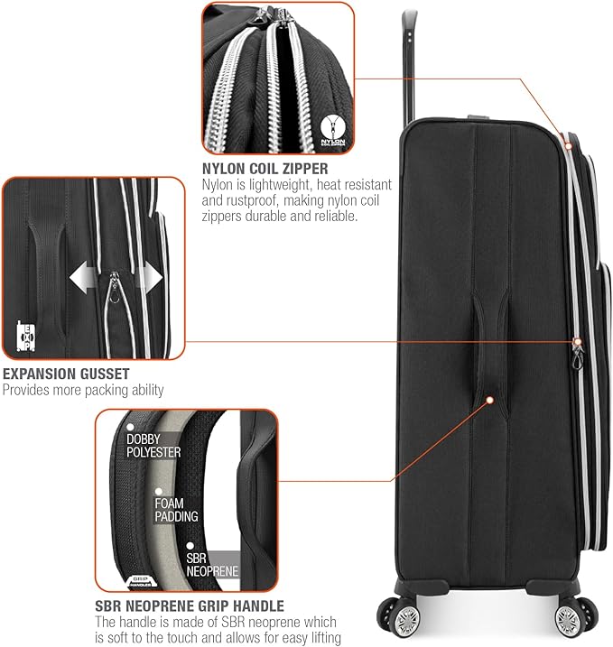Traveler's Choice Lares Softside Expandable Luggage with Spinner Wheels, Black, 2 Piece Luggage Set