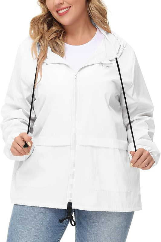 Avoogue Plus Size Raincoat Women Waterproof Rain Jacket Packable Outdoor Hooded Windbreaker