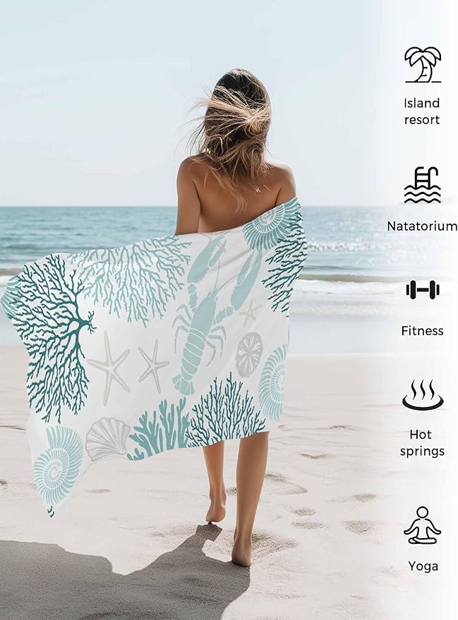 Ocean Microfiber Beach Towel, Teal Green Lobster Coral Starfish 35" x 71" Bath Towel Quick Dry Sand Free Travel Pool Towels for Beach Chair, Sun-Bath, Camping, Vacation