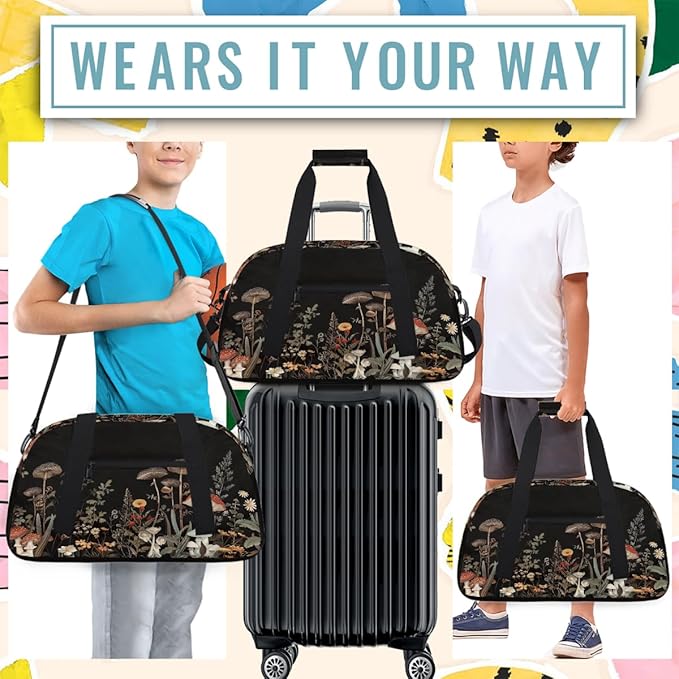 Duffle Bag for Women Men, Dark Forest Mushroom Floral Art Gym Bag for Travel Sports, Lightweight Waterproof Weekender Overnight Bags with Adjustable Strap
