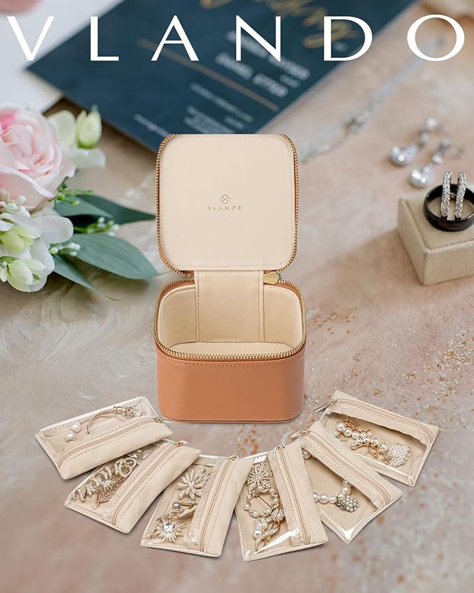 Vlando Travel Jewelry Case,Valentines Gifts,Small Jewelry Box Organizer,Travel Jewelry Storage with 6 Velvet Jewelry Zipper Pockets, Birthday Gifts for Women Girls (Brown)