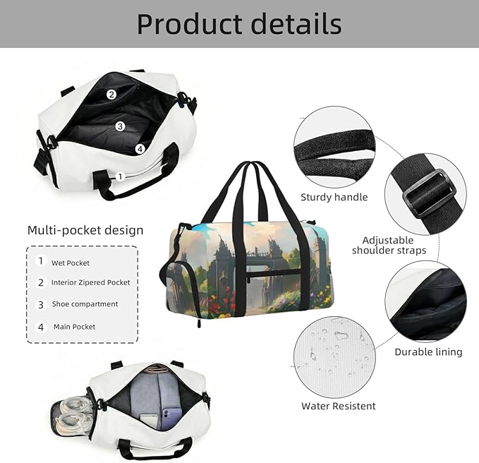 Outside the Castle Gate Print Gym Bag with Shoe Compartment for Women Men, 17.7in Sports Duffle Weekender Tote, Overnight Travel Duffel Bag Carry On