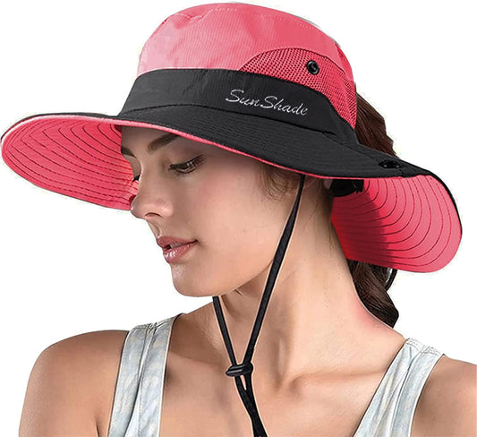 ZOORON Women's Ponytail Safari Sun Hat,Wide Brim UV Protection Outdoor Bucket Hat,Foldable Beach Summer Fishing Hat