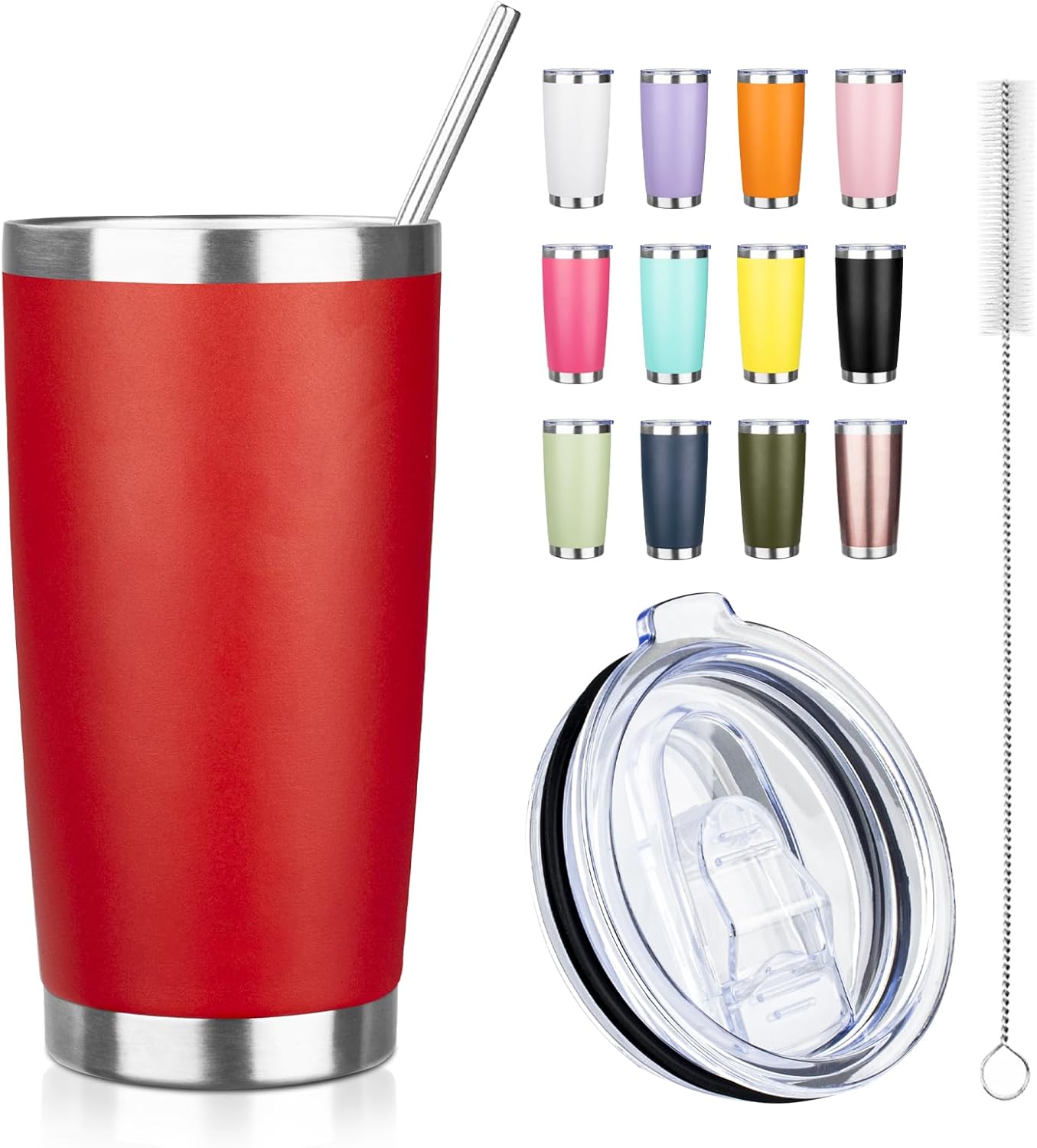20oz Tumbler with Straw and Brush, Stainless Steel Vacuum Insulated tumbler, Double Wall Insulated Coffee Tumbler for Outdoor, Home, Travel,Office (Bright Red,1pcs)