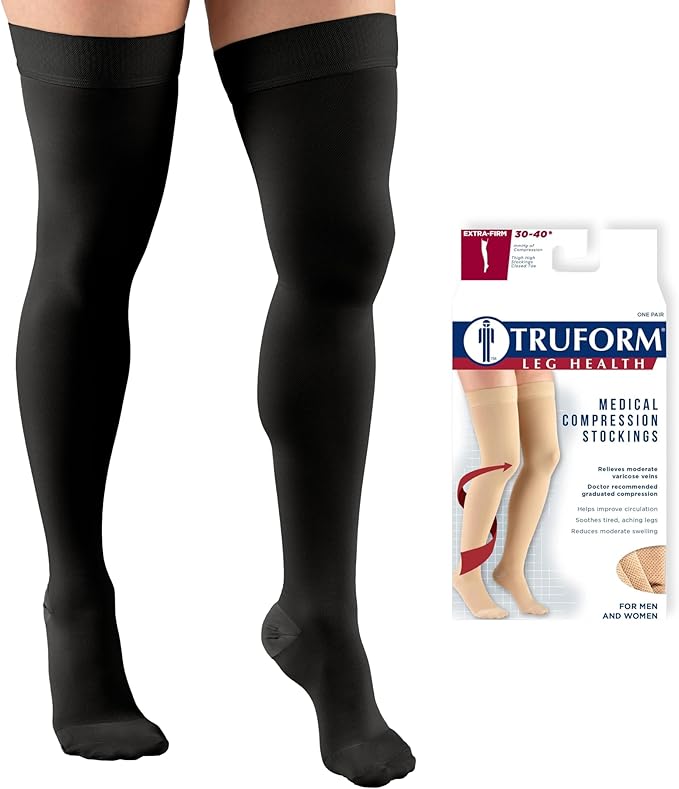 Truform 30-40 mmHg Compression Stockings for Men and Women, Thigh High Length, Dot-Top, Closed Toe, Black, Medium