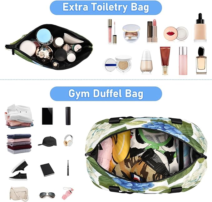Travel Duffel Bags for Women Watercolor Hydrangea Floral Sports Duffel Bags Gym Bags with Shoes Compartment Tote Bag Weekender Bag for Travelling