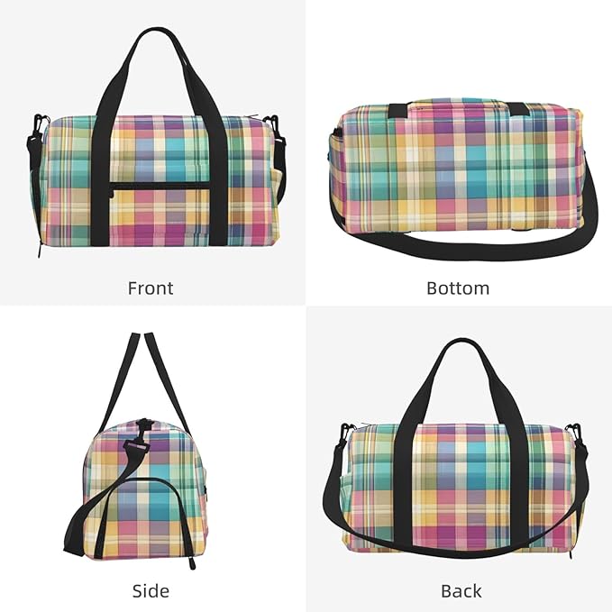 Spring Easter Pastel Plaid Tartan Women'S Gym Duffle Bag With Shoes Compartment, Ideal For Travel, Gym, Sports, Duffel, Weekender