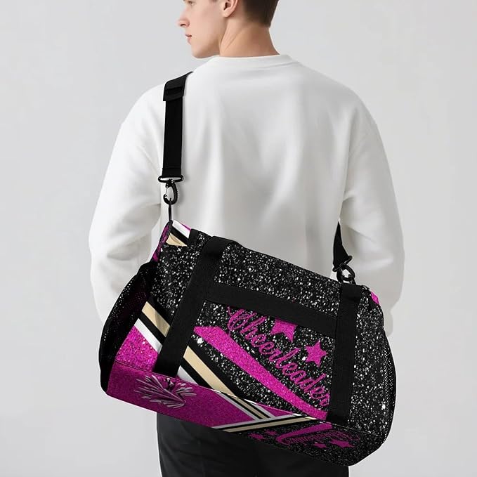 Personalized Cheer Fuchsia Pink Glitter Print Duffle Bags (Can Store Shoes) with Name for Women Man Custom Detachable Shoulder Strap Packs