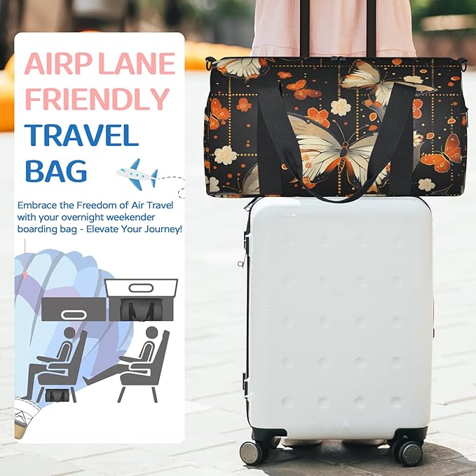 Orange Butterflies Overnight Travel Bag Unisex Carry-On Size Tote Bag Suitable for Travel Duffle Gym Sports
