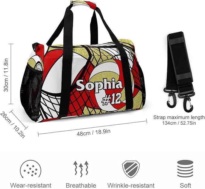 Custom Volleyball Red Gold Duffel Bag with Name Personalized Travel Bags Sport Gym Bag Carry On Weekender Bags for Men Women