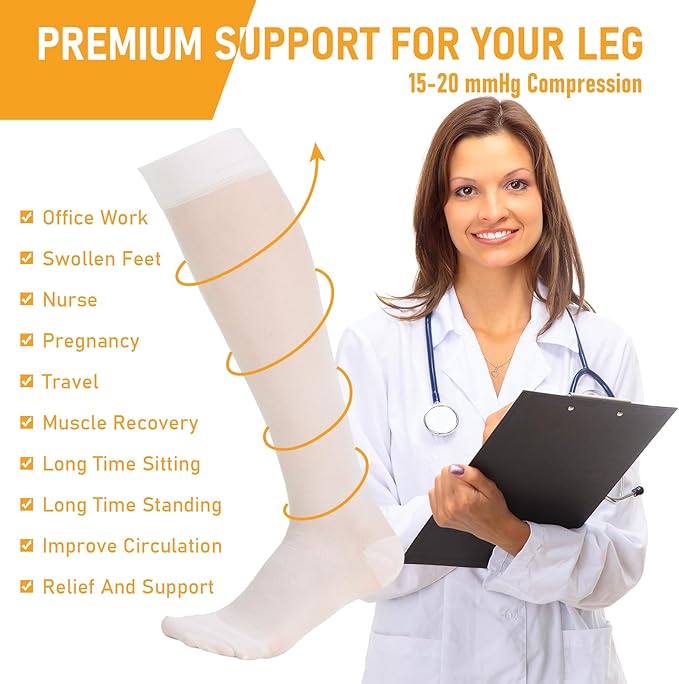 2 Pairs Sheer Compression Socks for Women - 15-20 mmHg Knee High Sheer Compression Stockings for Support Circulation Swelling Edema Work Office Travel, White, Medium