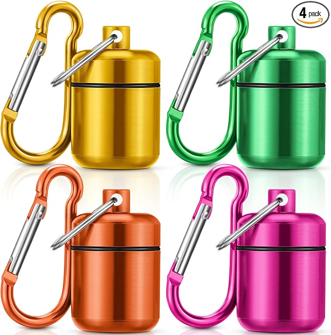 Hicarer 4 Pack Ear Plug Carrying Case, Waterproof Metal Ear Plug Holder with Keychain, Portable Small Pill Case Container for Earplugs, Jewelry, Pill Organizer for Travel or Sports(Bright Colors)