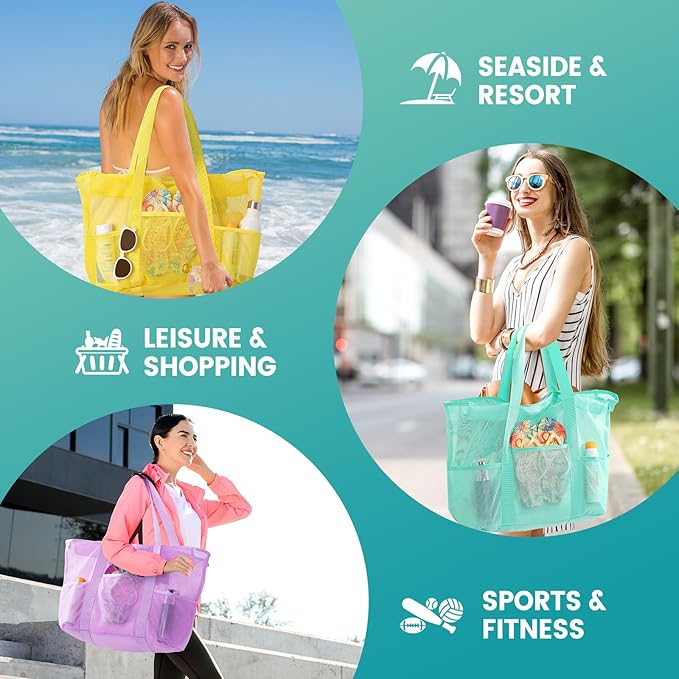 Mesh Beach Bag, Large Bag with Zipper Beach Bags for Women Waterproof Sandproof with 5 Pockets Green
