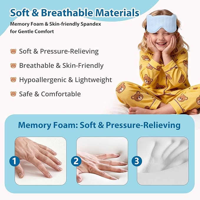 Kids Sleep Mask, 3D Sleeping Eye Mask for Kids with Adjustable Elastic Strap, Bear Shape Eye Cover with Memory Foam, Soft & Light-Blocking, Gift for Boys Girls Teens Age 5–15 (Blue)