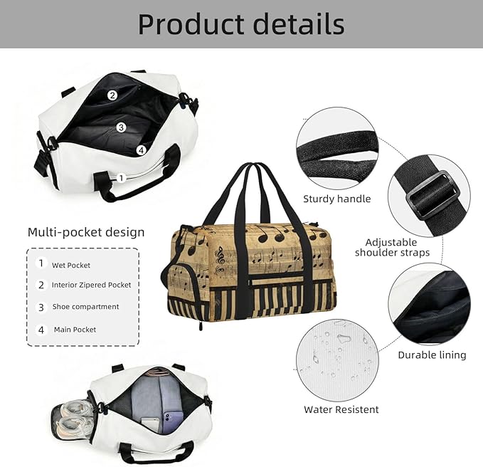 Sports Gym Bag Retro Musical Notes Piano Keys Travel Duffel Bag With Shoe Compartment Shoulder Strap, Lightweight Water-Resistant Weekend Overnight Totes For Women Men