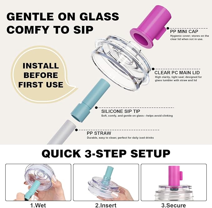 ANOTION 2pc Glass Tumbler with Lids and Straws, Leakproof 24oz Mason Jar Cups, Leak-Proof Cap, Self-Assembly Silicone Straw, Reusable Iced Coffee Smoothie Matcha Cup Aesthetic Coffee Gifts Women