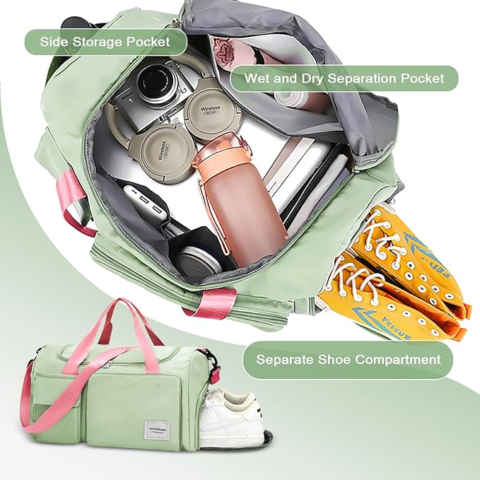 WOOMADA Foldable Travel Duffel Bag for Women, Weekender Bags with Shoes Compartment,Overnight Bag with Wet Pocket & Trolley Sleeve(Green&Pink)