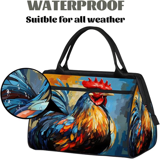 Multipurpose Duffle Bag, Waterproof Carry On Bag with Spacious Design, Rooster Chicken Painting Gym Bags, 15.2x8.3x11.6in