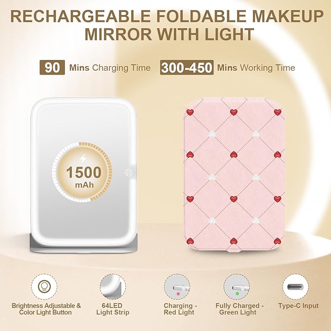 Mocado Travel Makeup Mirro with Lights, 360° Rotation Lighted Makeup Mirror, Portable Mirror with 10x Magnification, 60LEDs 3 Color Lightings, Dimmable Touch Screen, Tabletop Light up(Heart)