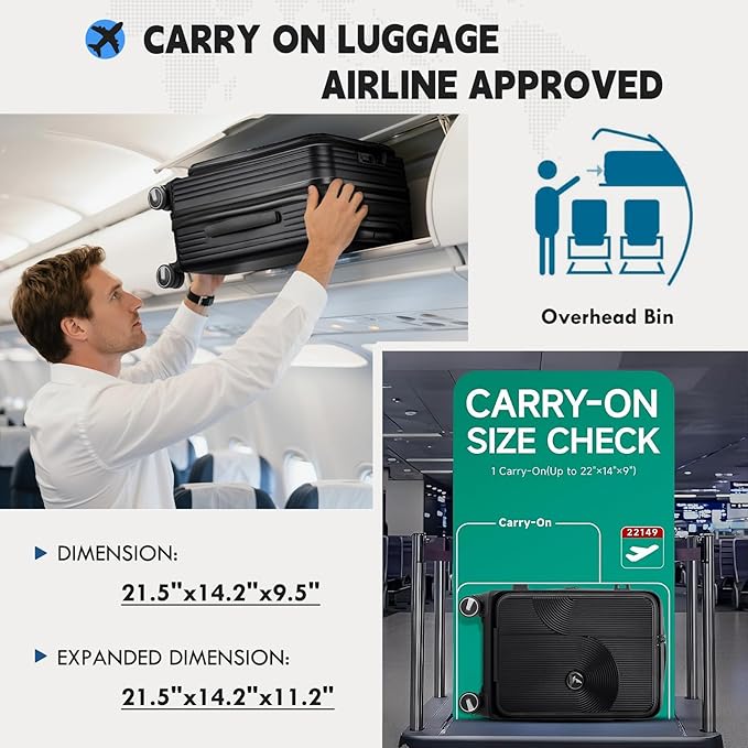 RAINSMORE Carry on Luggage 20 Inch Expandable, Airline Approved Carry on Suitcase with Front Compartment & Top Opening Hard Shell Rolling Travel Luggage with TSA Lock & Spinner Wheels, Black
