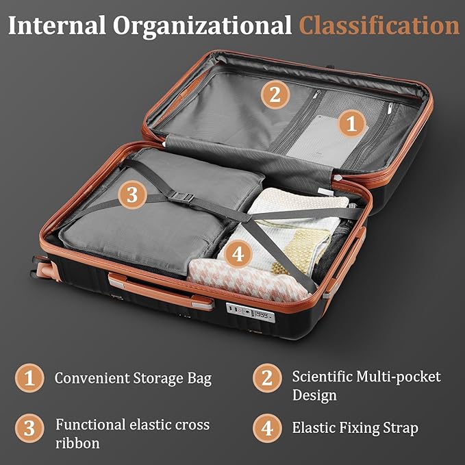 4 Piece Carry On Luggage Set 20 Inch, Expandable PP Hardshell Suitcase with Detachable Spinner Wheels & TSA Lock, Includes Cosmetic Case, Travel Tote & Toiletry Bag, Lightweight (Black)
