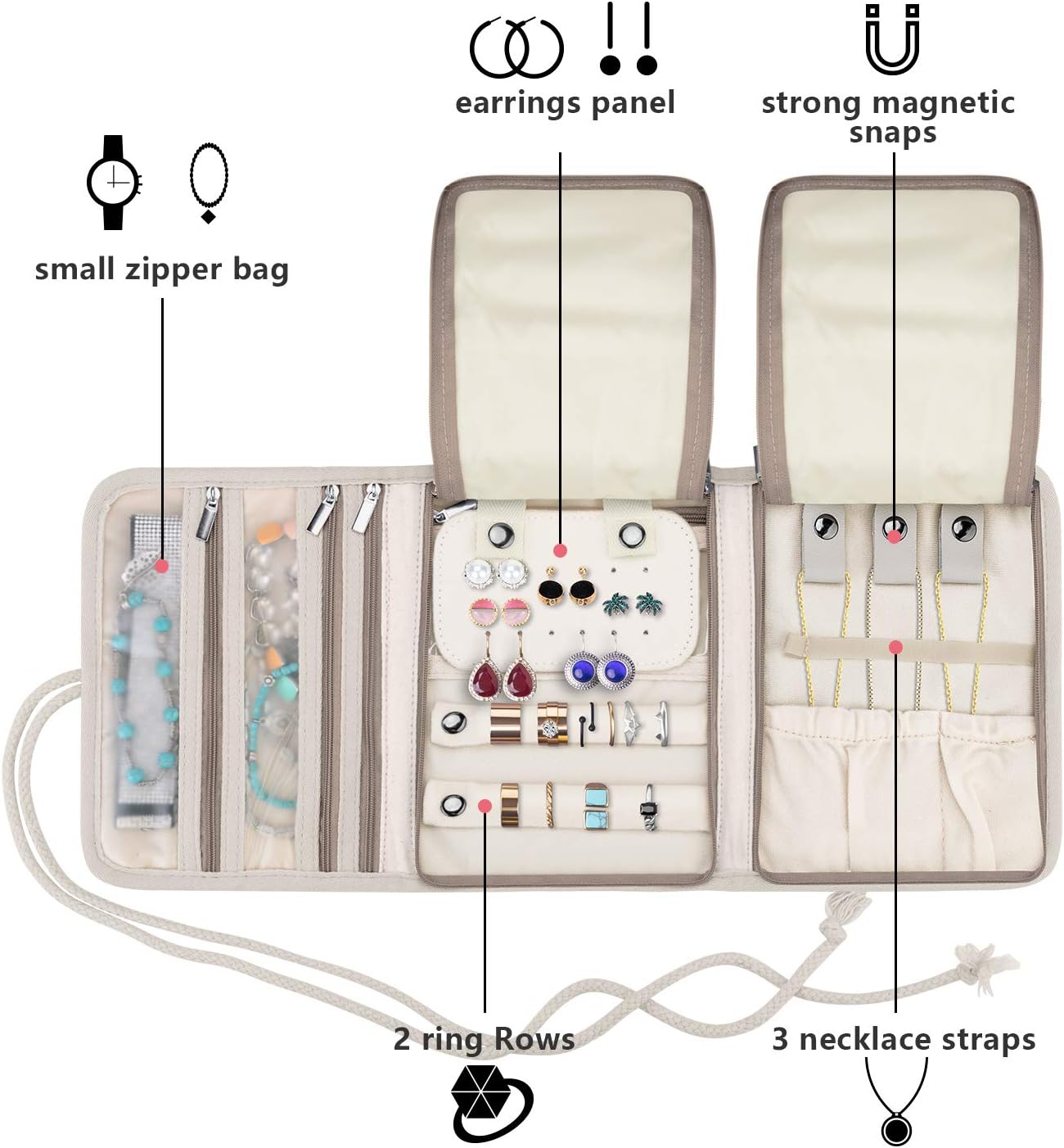 Teamoy Travel Jewelry Roll, Jewelry Storage Bag Organizer for Necklaces, Earrings, Bracelets, Rings, Brooches and More, Compact and Easy to Carry, Plum Flowers