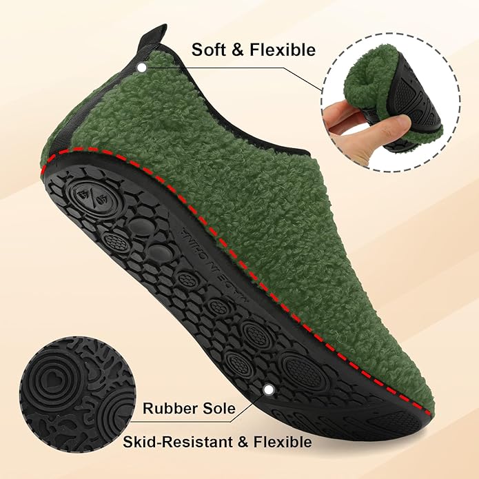 QFH Womens & Mens Cozy House Slippers - Portable Travel Shoes with Flexible Rubber Sole & Soft Velvet Lining