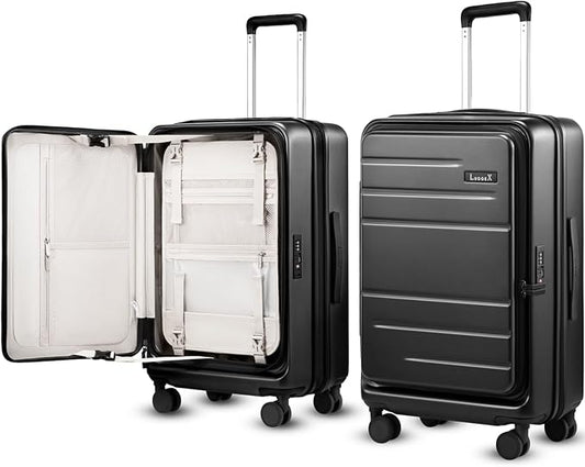 LUGGEX Checked Luggage Top Opening, FLT Expandable Polycarbonate Hard Shell Suitcase with Wheels (FX-Lite, Black, 24 Inch, 63L-70L)