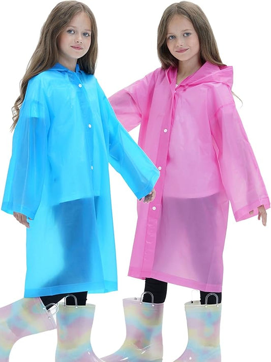 2 Pack Raincoats for Kids, Reusable Rain Ponchos with Hood and Sleeves Rain Coats for Boys and Girls