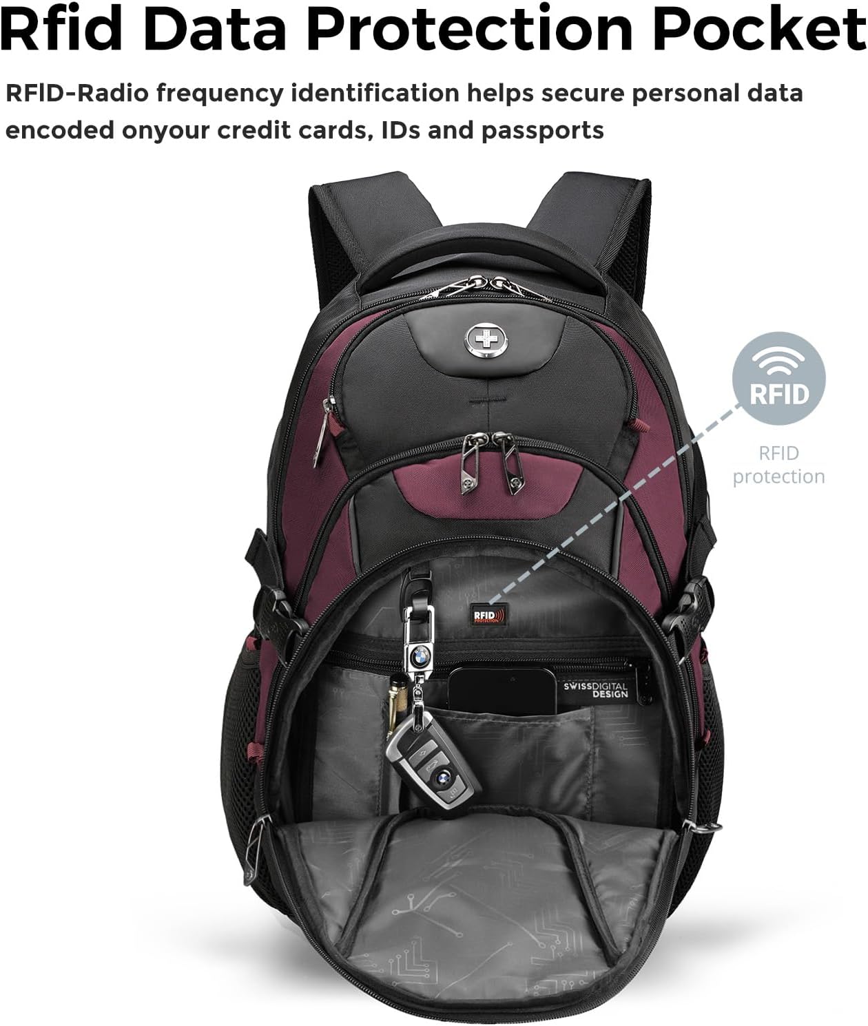 Swissdigital Design Laptop Backpack with USB Charging Port, TSA Travel Backpack Fits 15.6 inches Computer, 31L College School Backpack for Women, Burgundy/Black | SD803