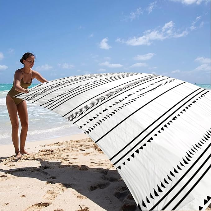BEW Large Beach Blanket for 1-4 Adults, 78in×86in Waterproof Sandproof Blankets with 4 Stakes & Corner Pockets, Polyester Lightweight Foldable Outdoor Picnic Mat, Camping, Hiking White-black Lines