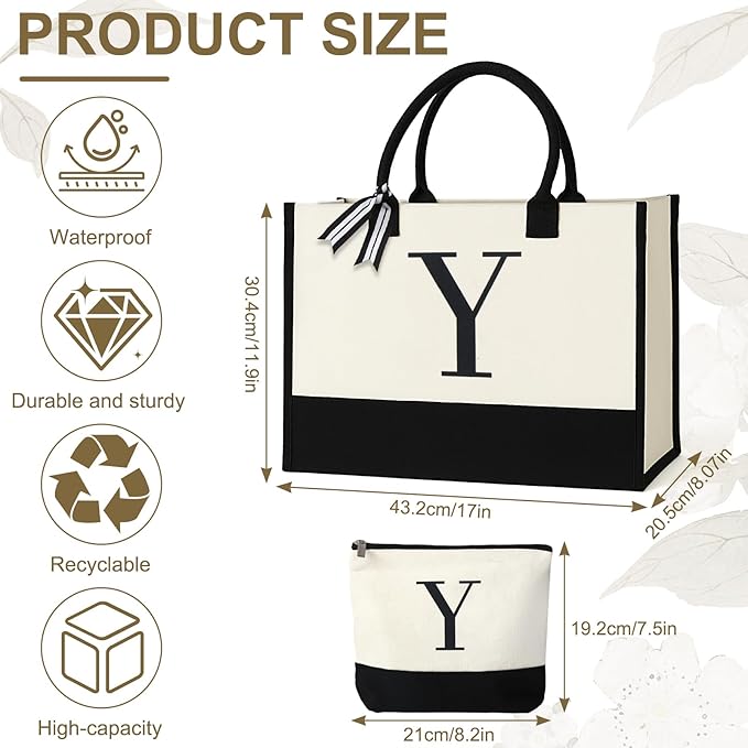 Personalized Canvas Tote Bag for Women Makeup Pouch Initial Beach Bag Removable Bottom Board for Travel Birthday