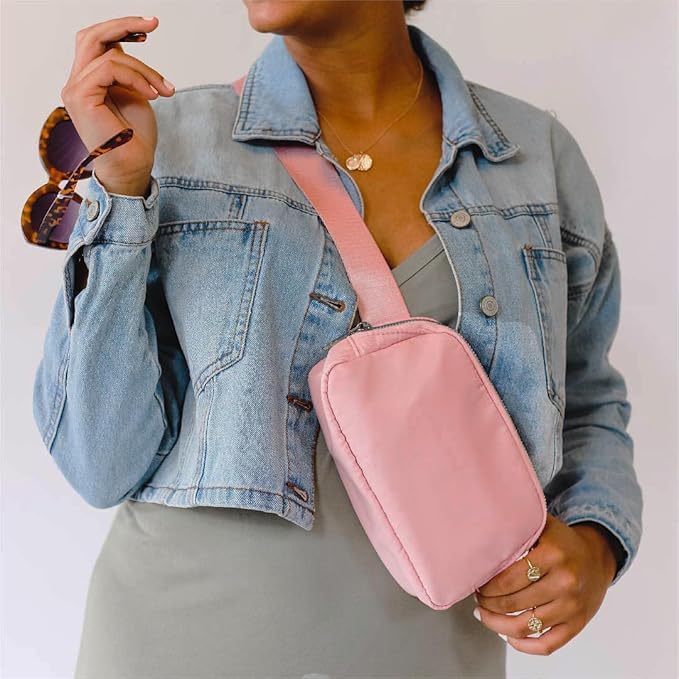 Fanny Pack Crossbody Bag Trendy Waterproof Small Sling Cross Body Purse for Women Men Fashion Waist Packs Mini Belt Pouch Chest Bum Hip Bag Lulu Dupes for Travel Vacation Running Pink
