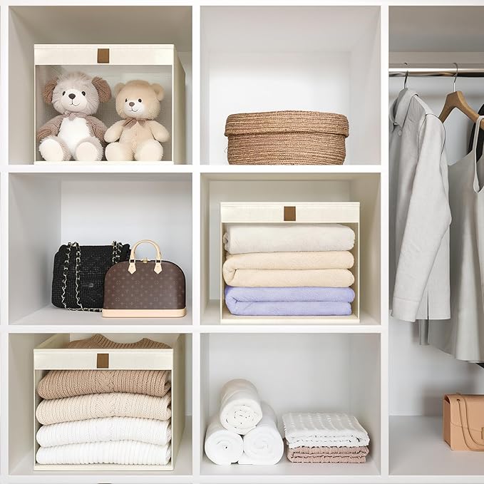 Linen Closet Organizers and Storage, Closet Storage Bins Basket Organizer, Foldable Organization Baskets with Mesh Window for Clothes Towels and Toys, 11" x 11" x 11", Beige, 4 pack