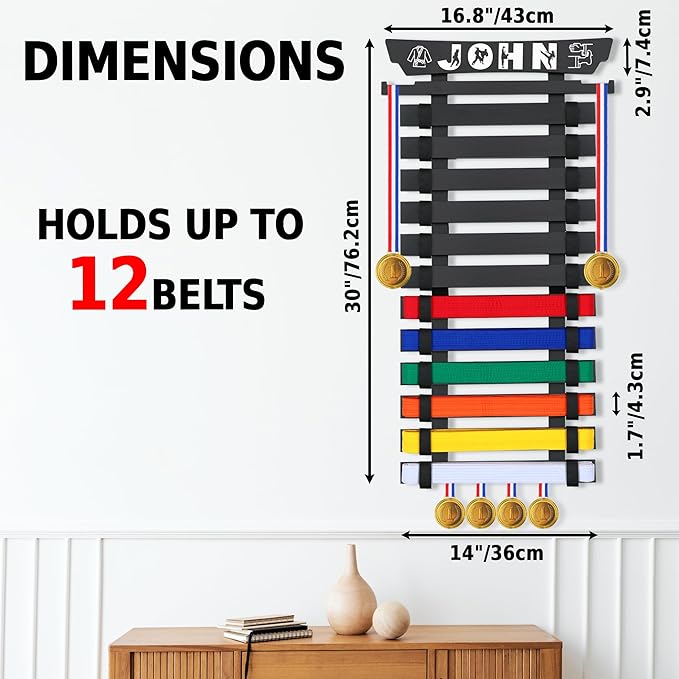 10/12 Belts Karate Belt Display Rack, Pure Bamboo Wood, Themed Stickers, Medal Hangers - Taekwondo Belt Display, Jiu Jitsu, BJJ, Martial Arts